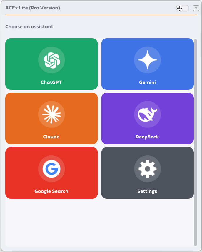 ACExLite overlay showing the assistant picker — ChatGPT, Gemini, Claude, DeepSeek, and Google Search