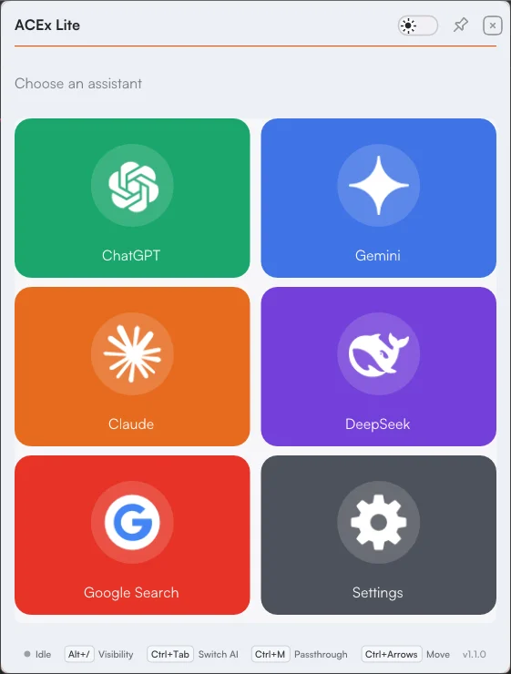 ACExLite overlay showing the assistant picker — ChatGPT, Gemini, Claude, DeepSeek, and Google Search