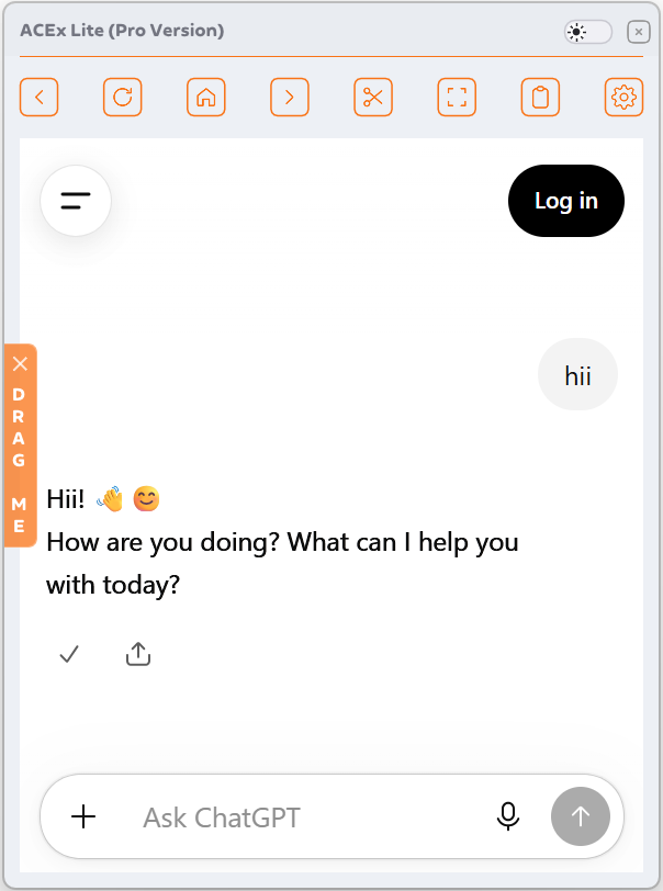 ACExLite's Drag Me tab next to a chat response, used to drag replies into SEB
