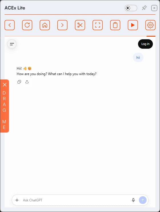 ACExLite's Drag Me tab next to a chat response, used to drag replies into SEB